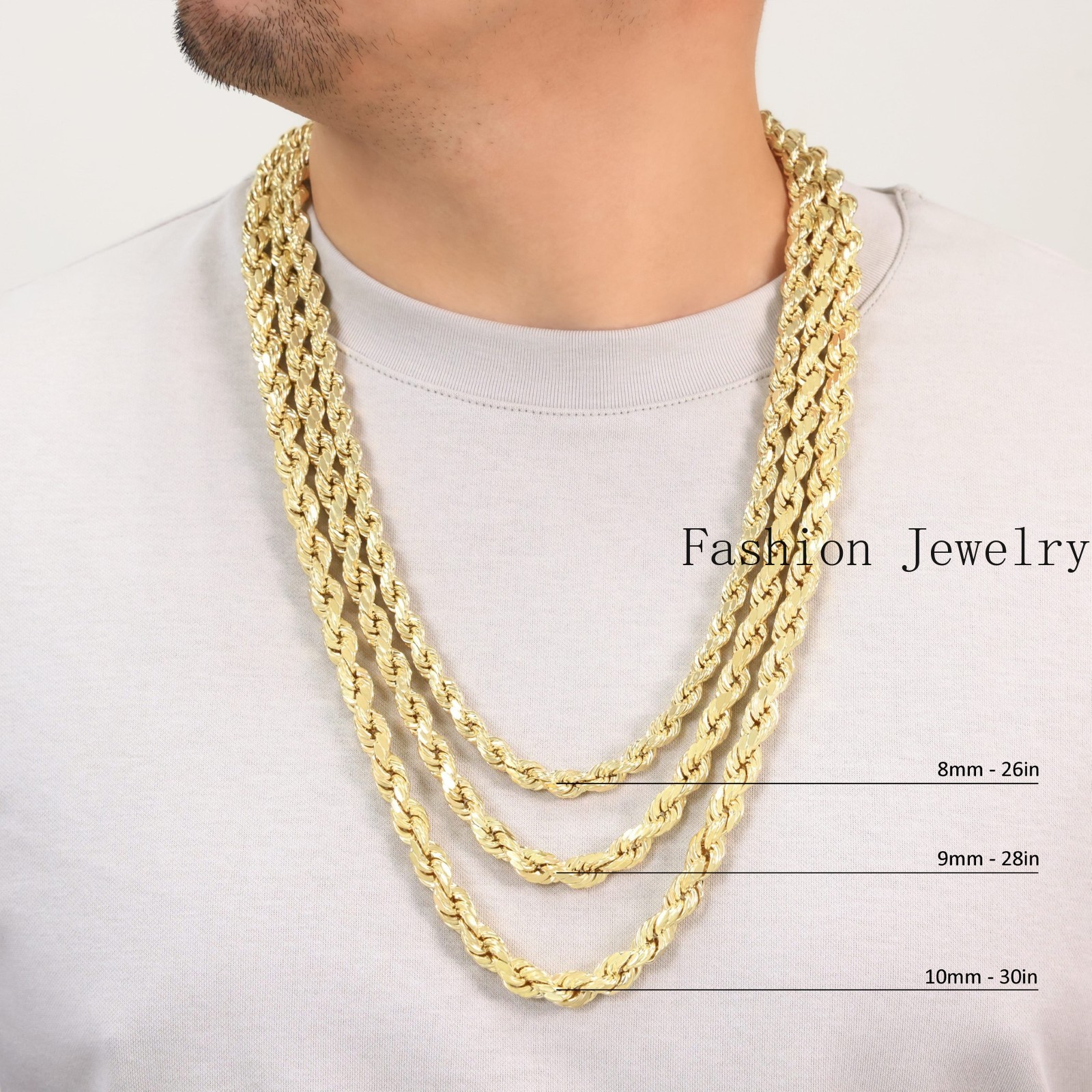 14K Yellow Gold 1mm-10mm Diamond Cut Rope Chain Necklace Mens Women 16″- 30″