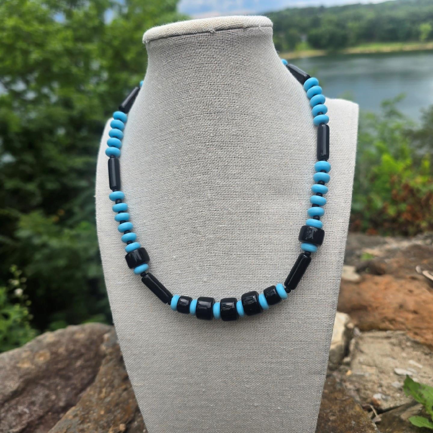 Vintage German Glass Bead Necklace Black & Blue Mid Century Old Stock 18.5 in