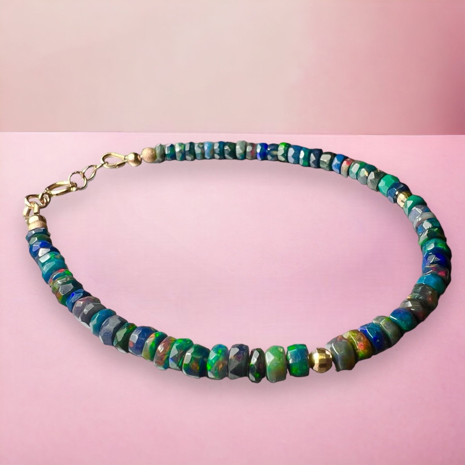 Handmade Solid 14k 585 Rose Gold Natural Black Opal Bracelet 7.32″ – 7.68″