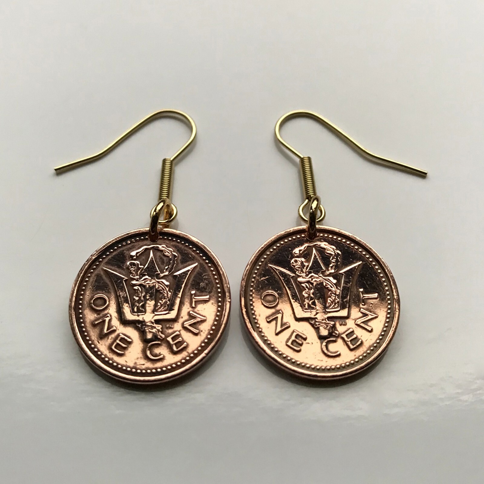 Barbados 1 Cent coin earrings Barbadian Bajan trident spear Bridgetown e000208