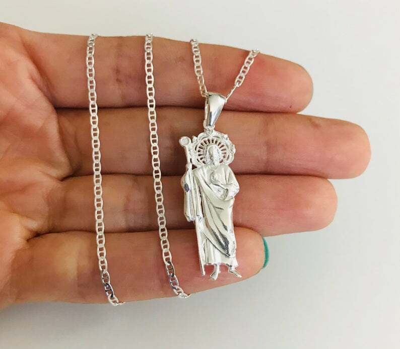 925 Sterling Silver Saint Jude Necklace/ Cadena/Dije de San Judas Plata. ESN59