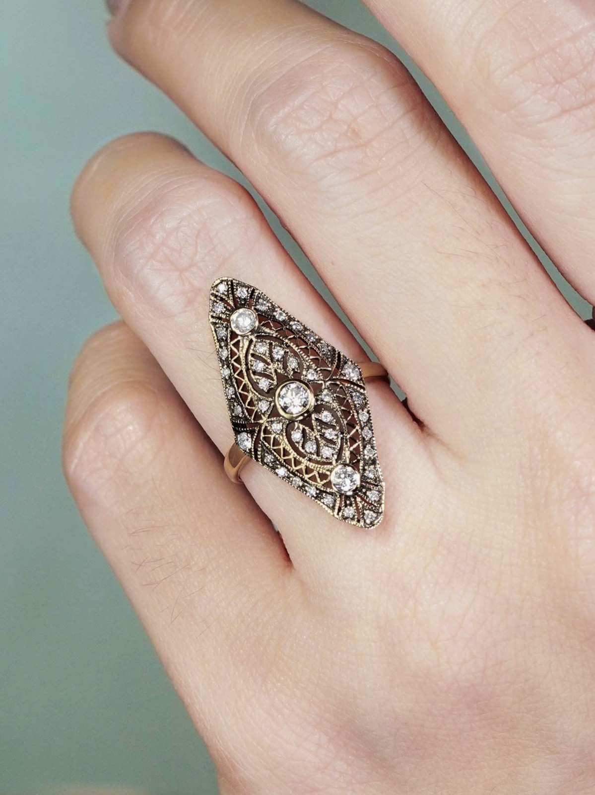 14K Yellow Gold Diamond Vintage Style Filigree Dinner Ring