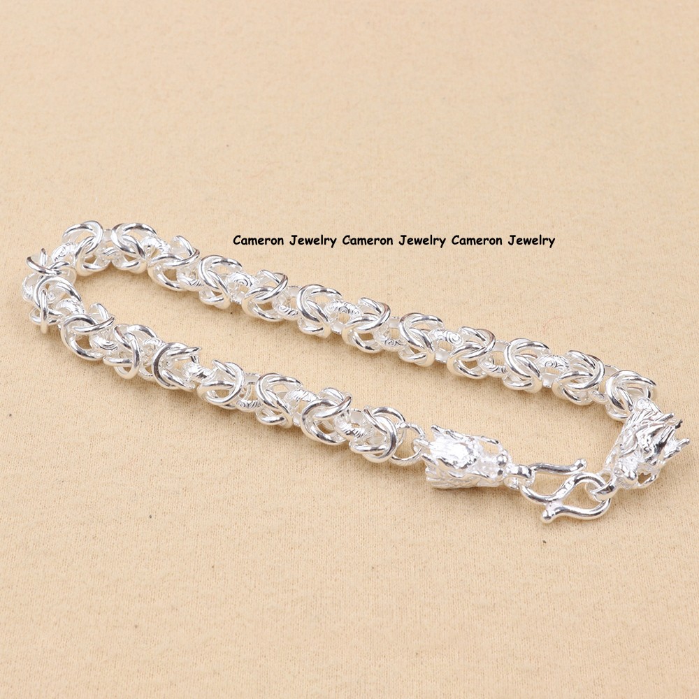 Pure S999 Fine Silver Dragon Head Chain Interlocking Link Bracelet 17-18g 8.26in