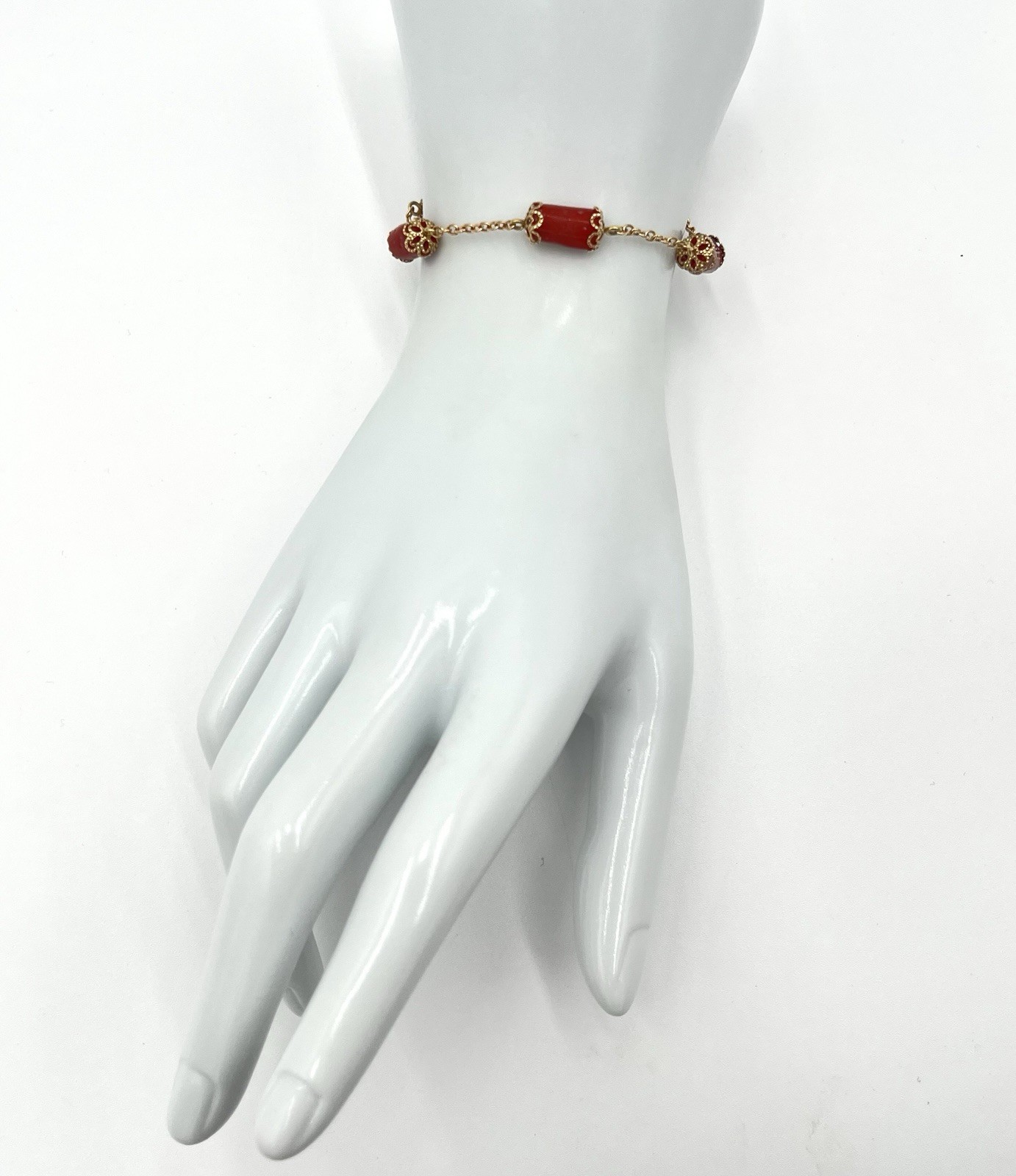 Handmade 14kt Gold Barrel Mediterranean Red Coral Bracelet