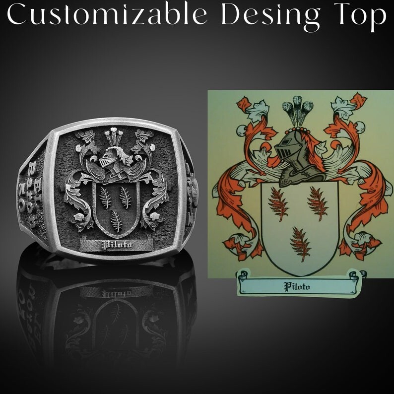 Customizable Sterling Silver Family Crest Signet Ring, Piloto Coat of Arms Ring