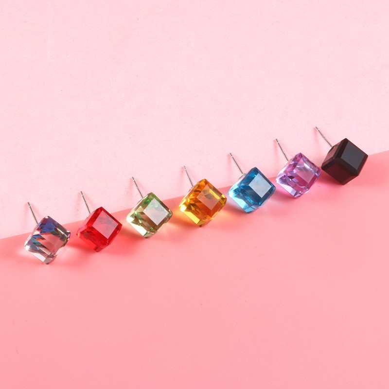 A Pair Square Cube Crystal 925 Sterling Silver Stud Post CZ Earrings Gift