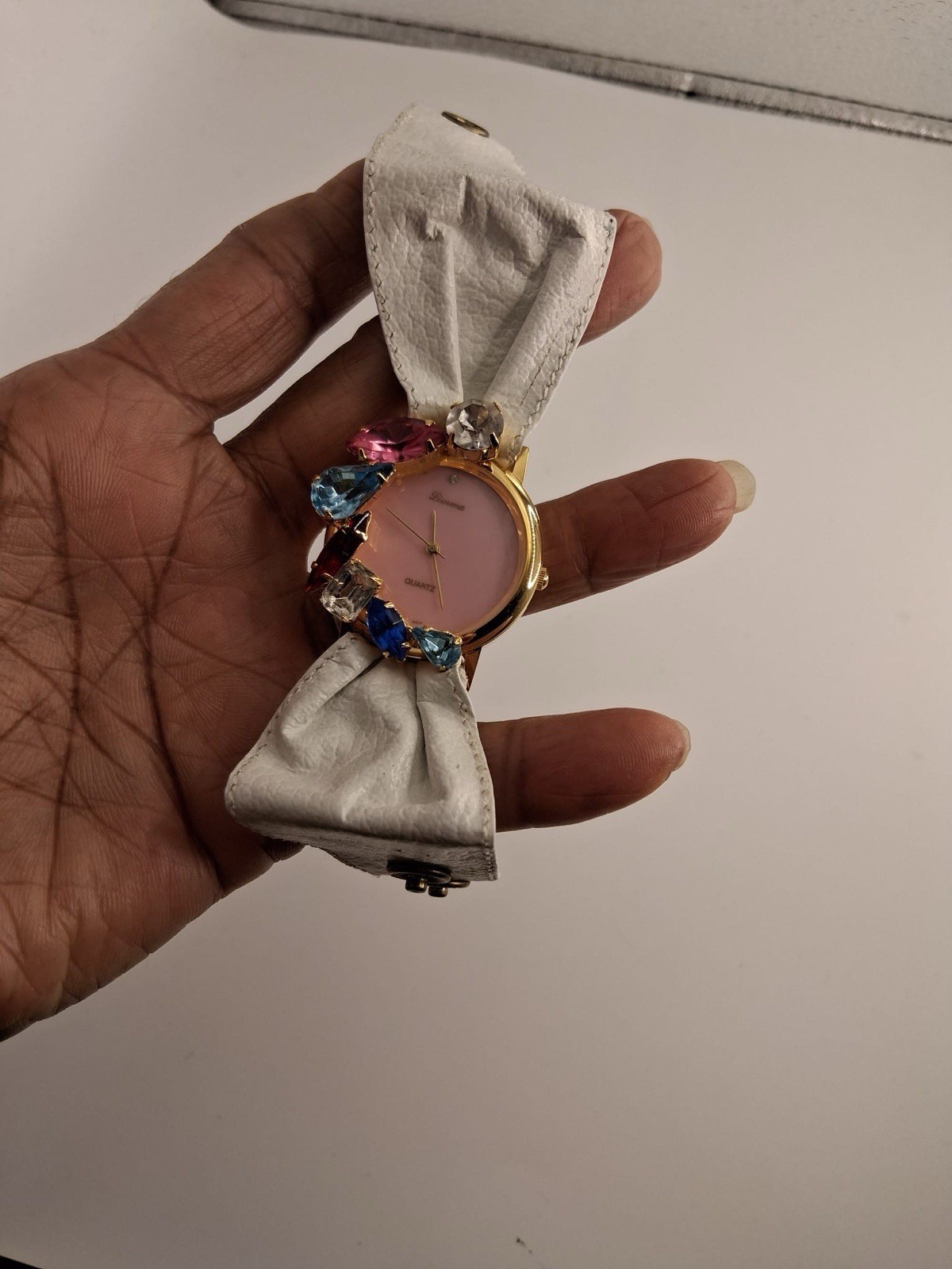 Vintage Linma Quartz Watch – Pink Dial Multicolor Rhinestones White Leather