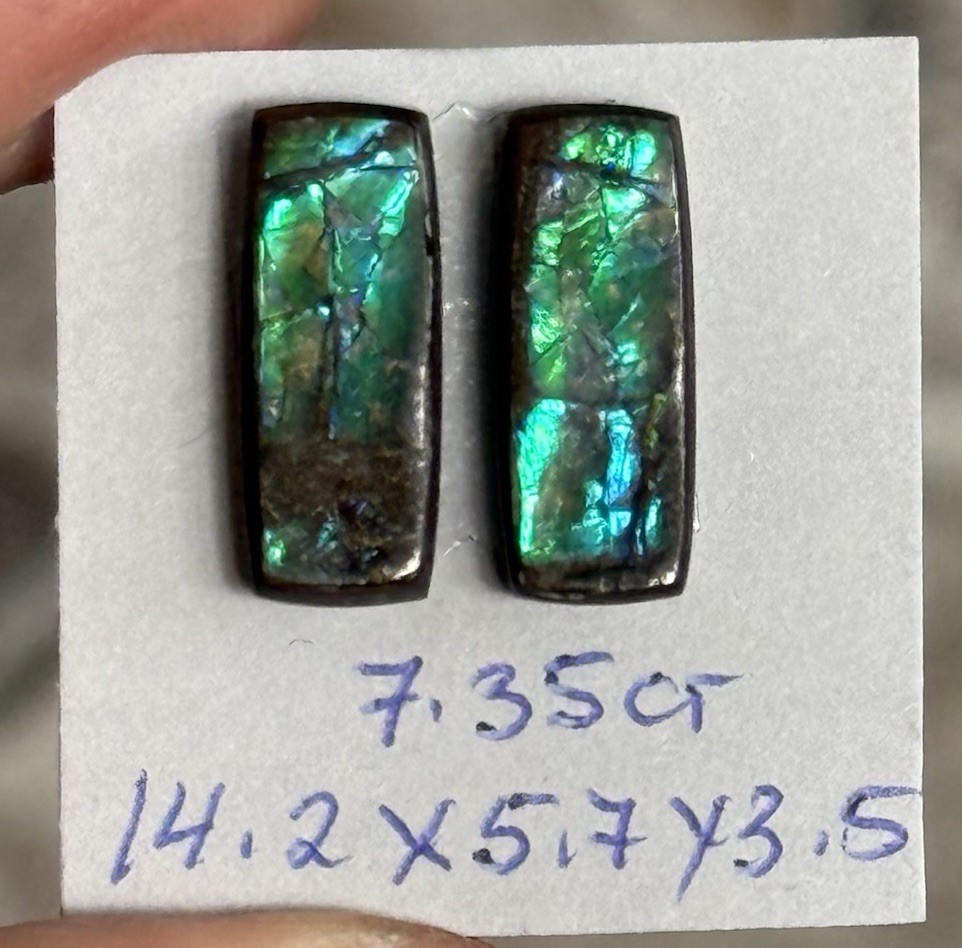 7.35ct 14.2×5.7×3.5mm Pair Peacock Green Genuine Ammolite Rectangle Cabochon Gem