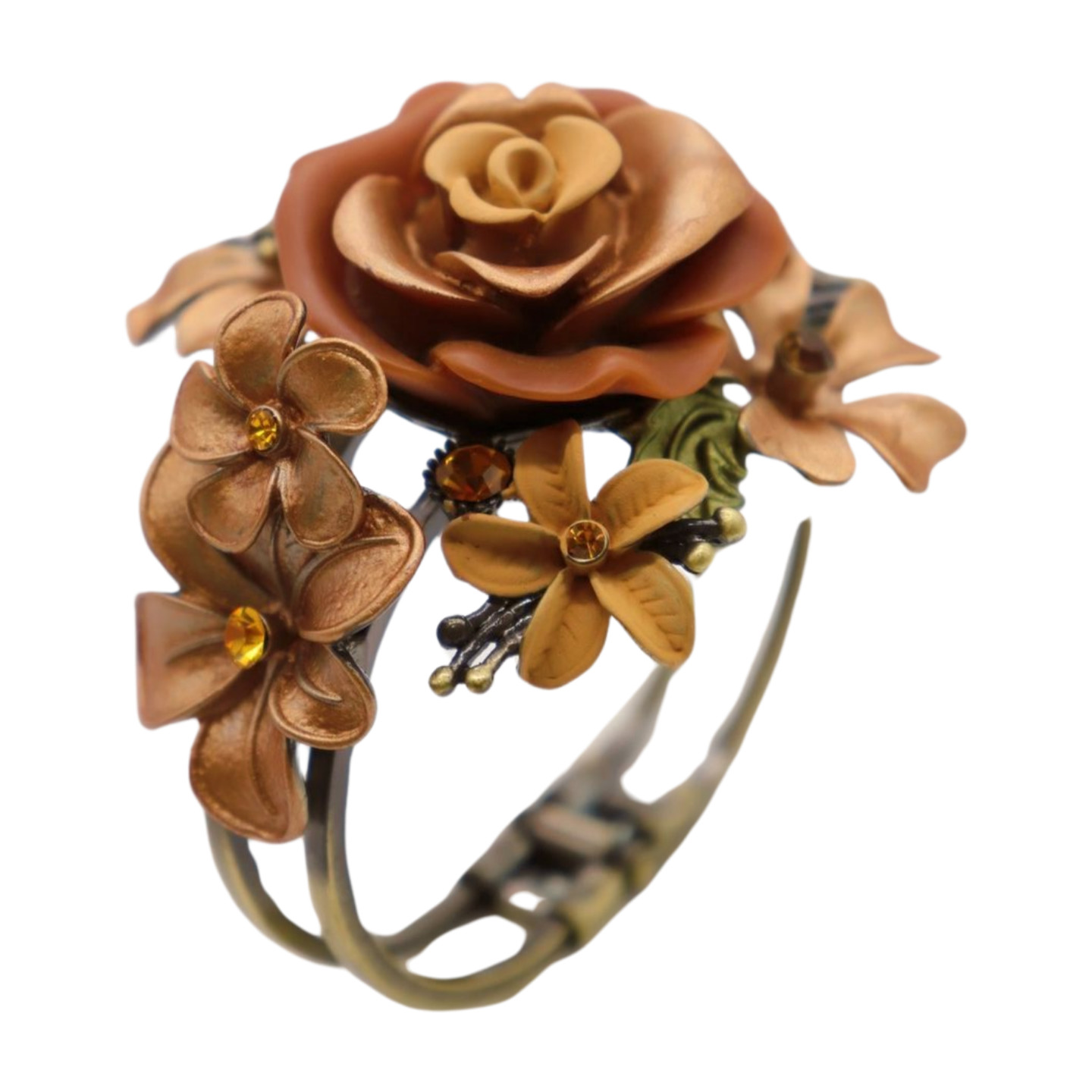 Women Antique Gold Metal Beige Brown Rose Flowers Cuff Bracelet Fashion Jewelry