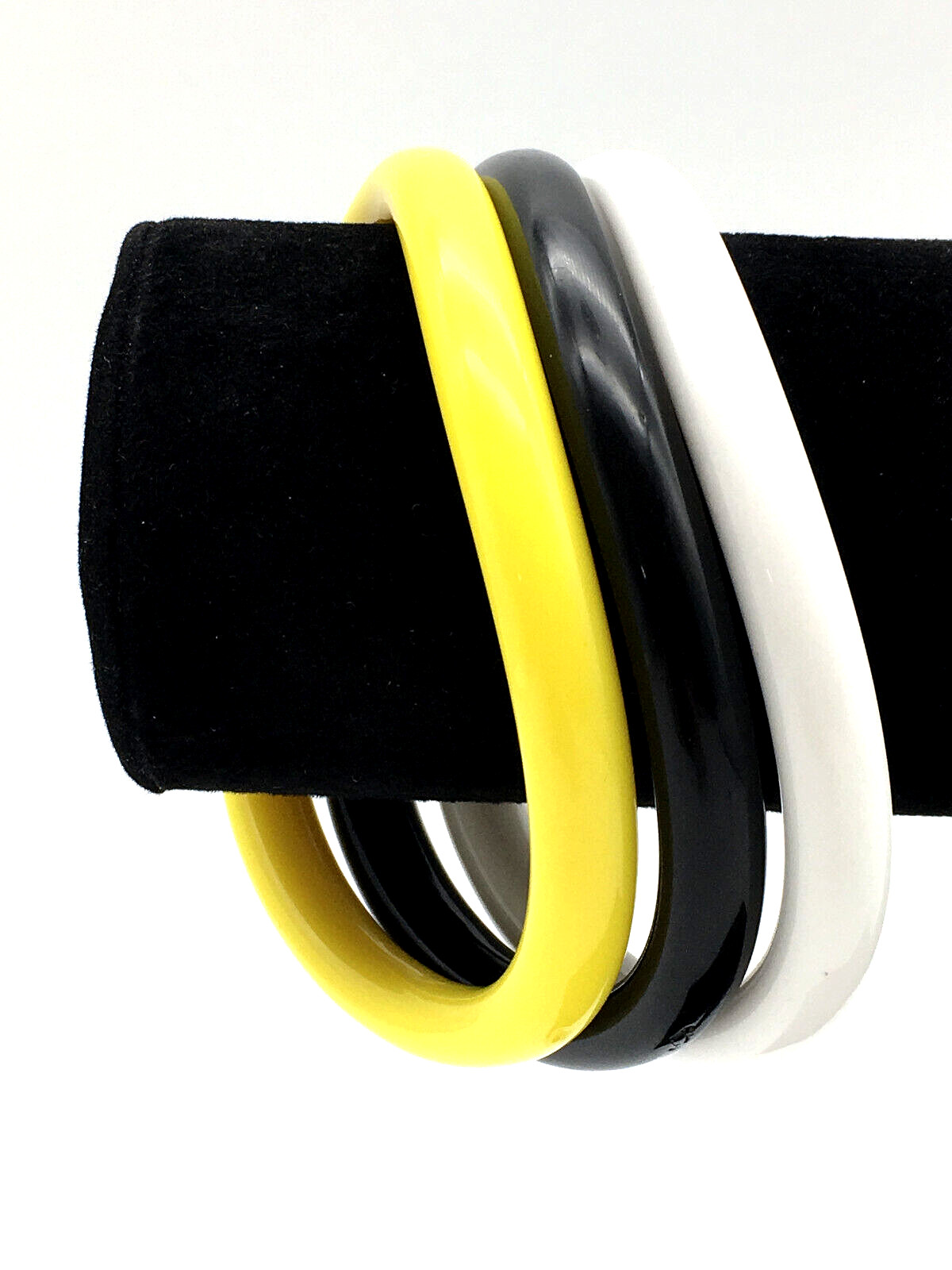 Lot of 3 Bracelets, Yellow, White & Black Lucite Wavy Bangle Bracelets
