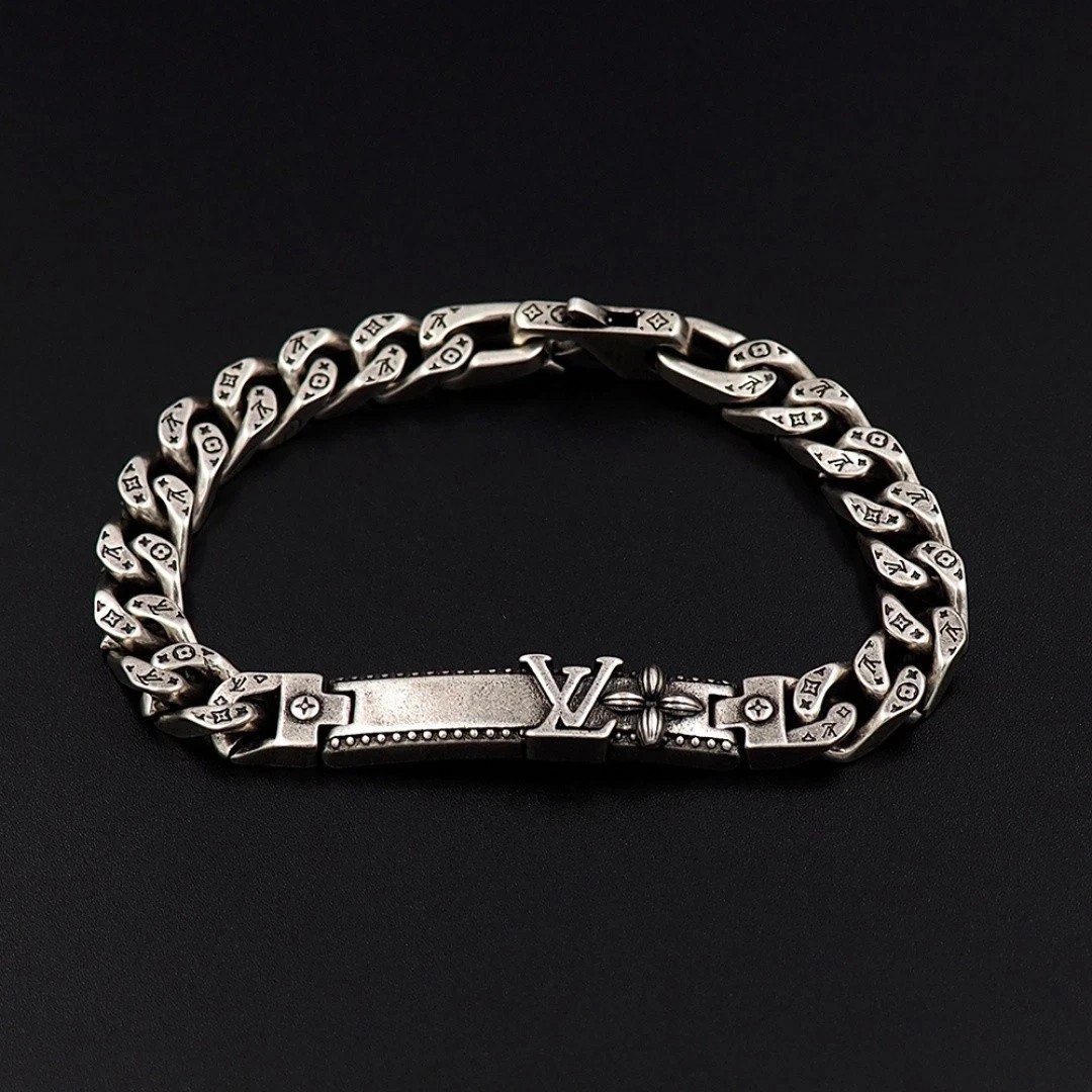 Men’s Engraved Silver Gourmette Bracelet Vintage Style Cuban Link Jewelry