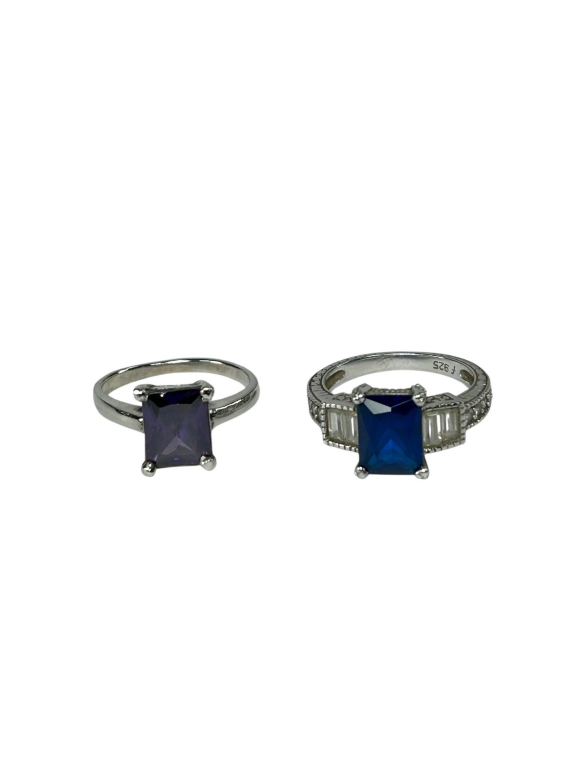 925 Sterling Silver Rings Bundle Of Two Elegant Square Blue Purple Glass Stones