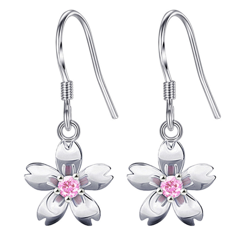 S925 Sterling Silver Cherry Flower CZ Dangle Drop Hoop Earrings Gift Box XJ35