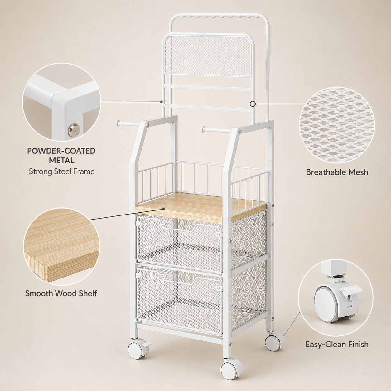 Rolling Jewelry Organizer Stand w/ 2 Drawers Necklace Earring Holder Cart White