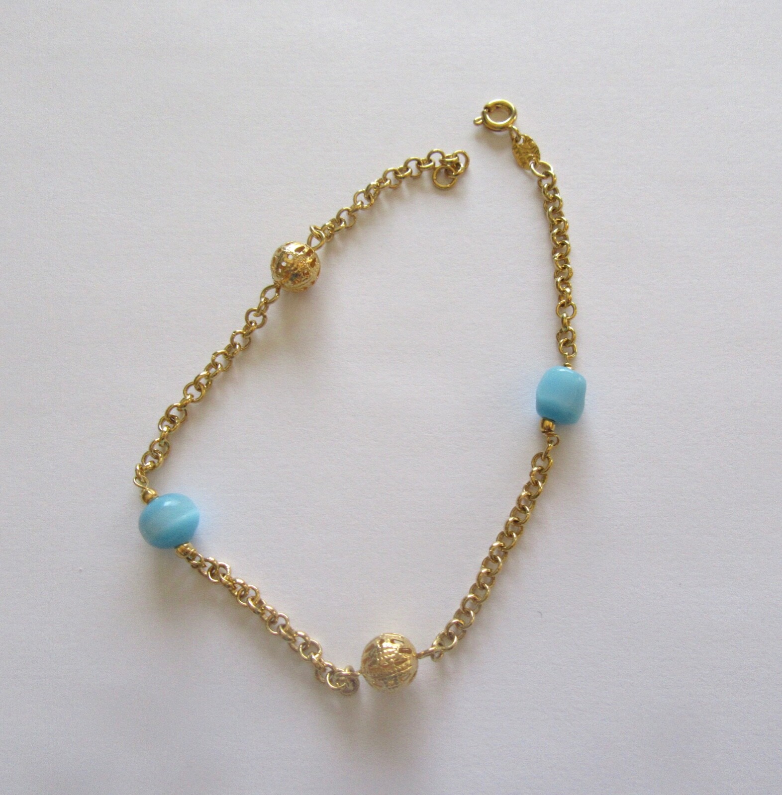 Anklet – 18K Gold Plated- gold and blue circular beads- 10inches long