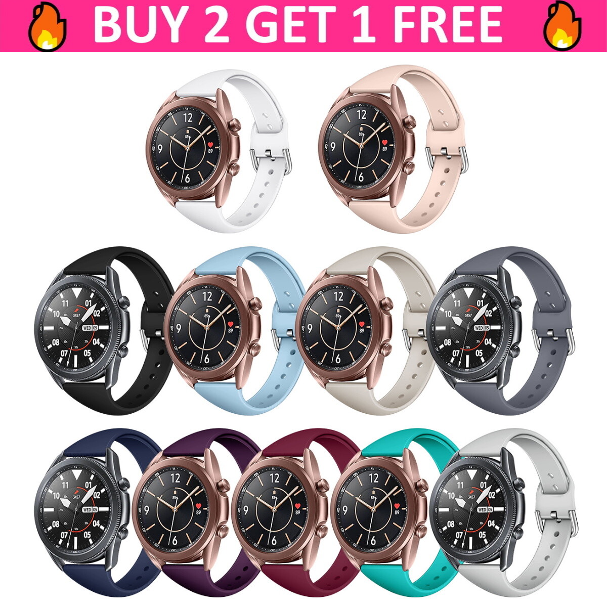 For Samsung Galaxy Watch 3 41mm Active 2 40mm 44mm Silicone 20mm 22mm Band Strap