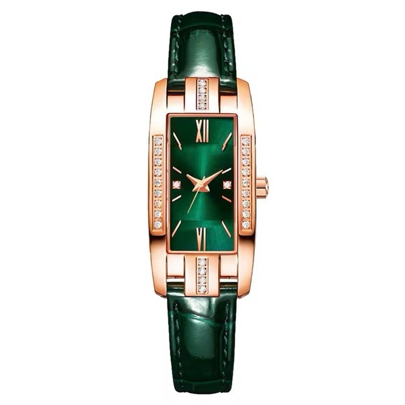 Women’s Quartz Dress Watch Green Dial Rectangle Rose Gold Case Green Leather