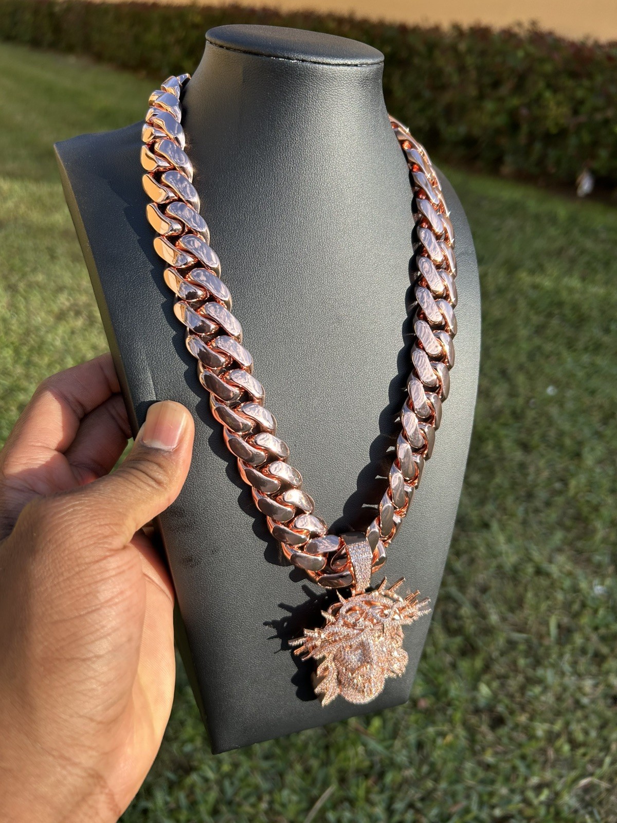 20mm Rose Gold Plated Miami Cuban Link & Jesus Thorn Crown Pendant 2 Piece