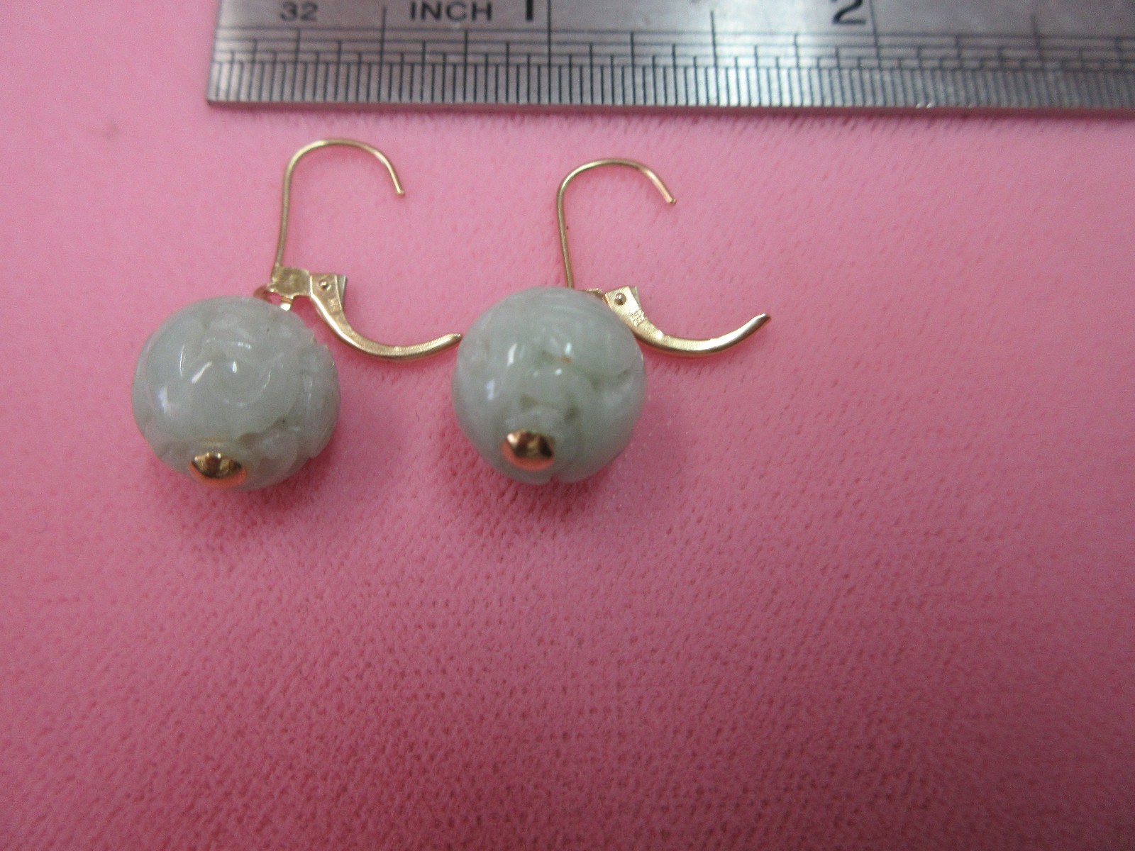 14k Solid Y. Gold Lever back Carved 11.7mm Jade Longevity Dangle Earrings 6.16 G