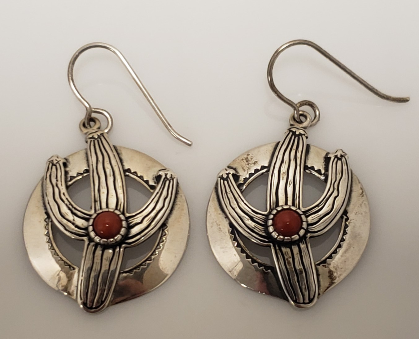 Kit Carson Sterling Silver Saguaro Cactus Coral Dangle Earrings