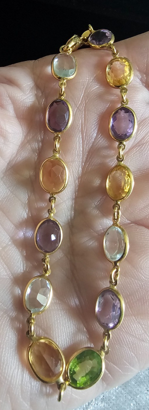 18k Solid Gold Bracelet Faceted Multicolor Bezel Set Gemstone 7.5″ Italy