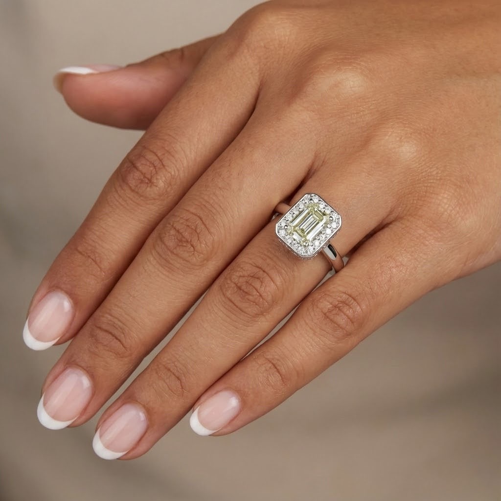 Side Stone Engagement Ring 14K Gold Halo Emerald 1.47 CT Lab-Grown Diamond I VS1