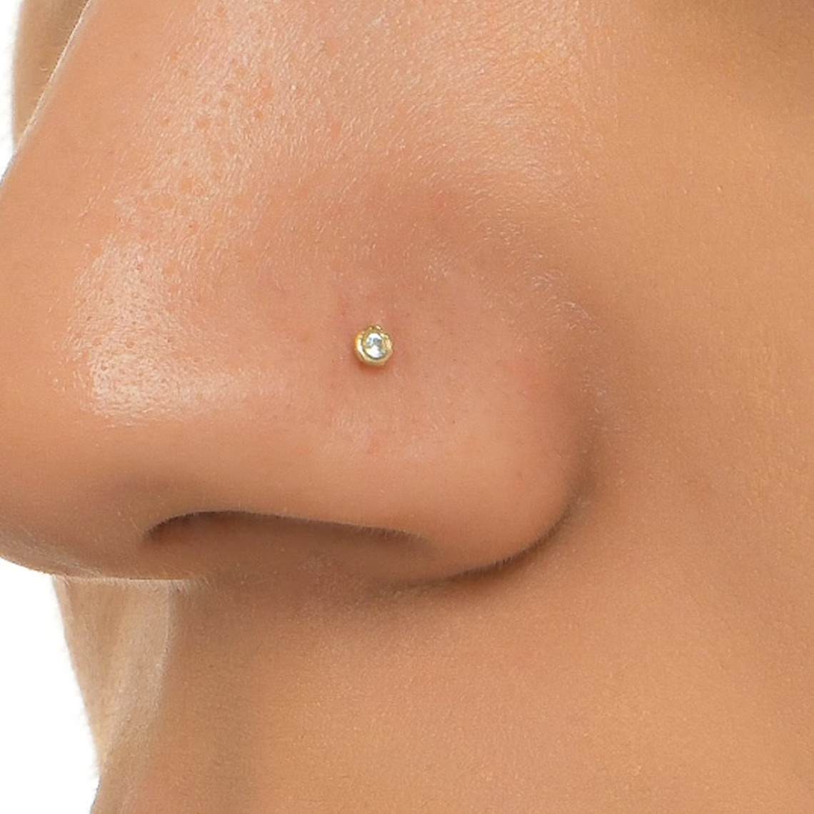 Bezel Set Real 0.03 Ct Diamond Nose Stud Screw Ring Piercing Pin 14K Yellow Gold