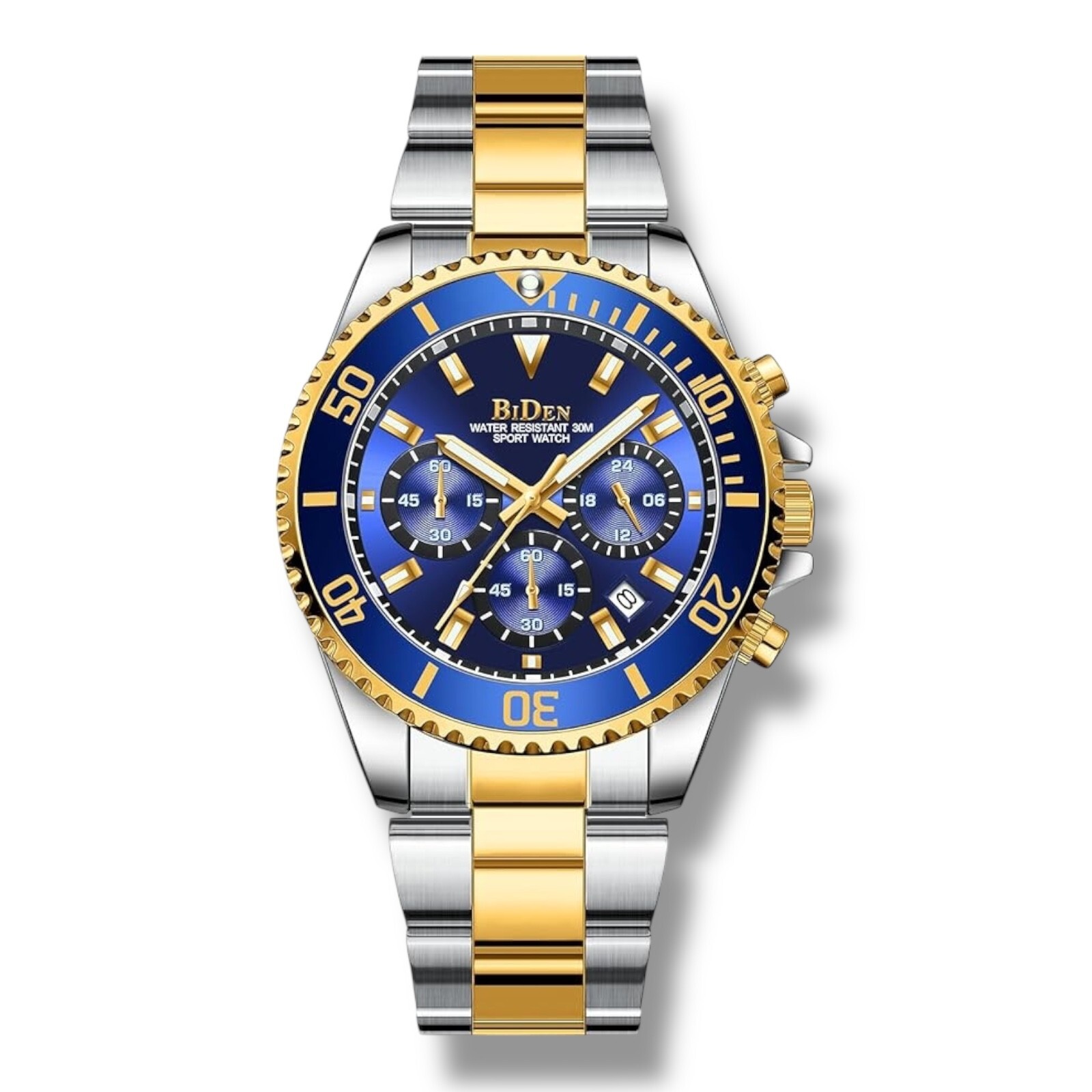 BIDEN Mens Watch Chronograph Stainless Steel Waterproof Date Quartz Gold / Blue