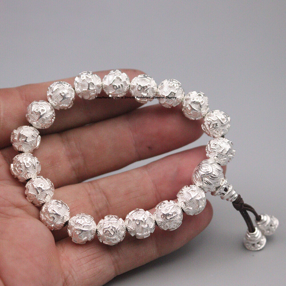 Pure S999 Fine Silver 999 Bangle 10mm Six Words Round Beads Bracelet 46-47g