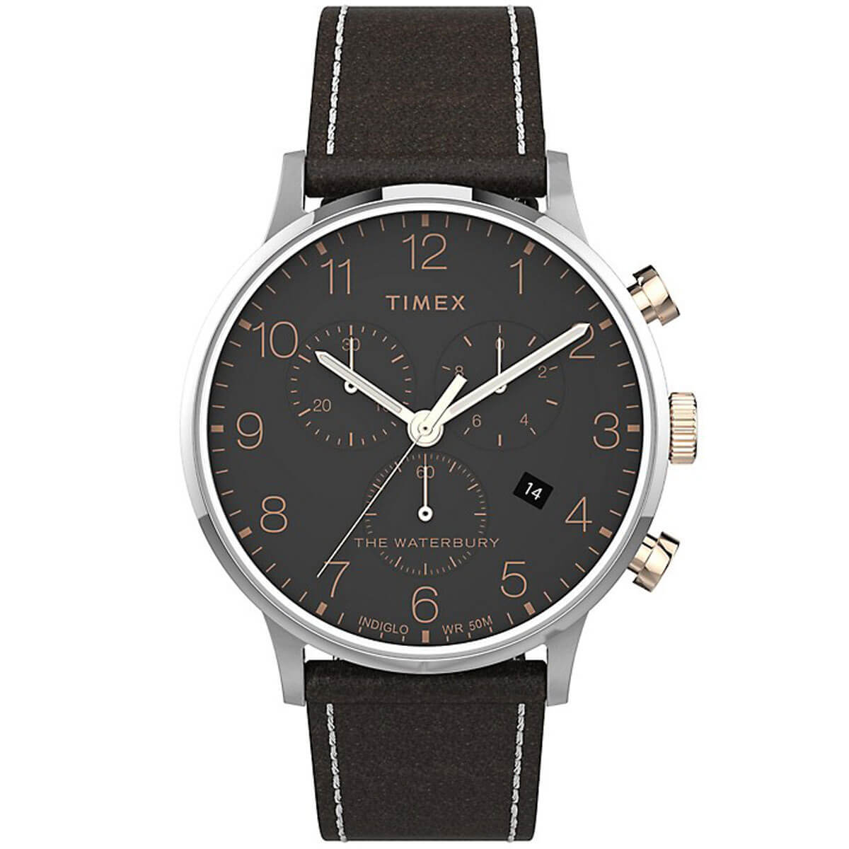 Timex Men’s Watch Waterbury Chronograph Black Dial Leather Strap TW2T71500VQ