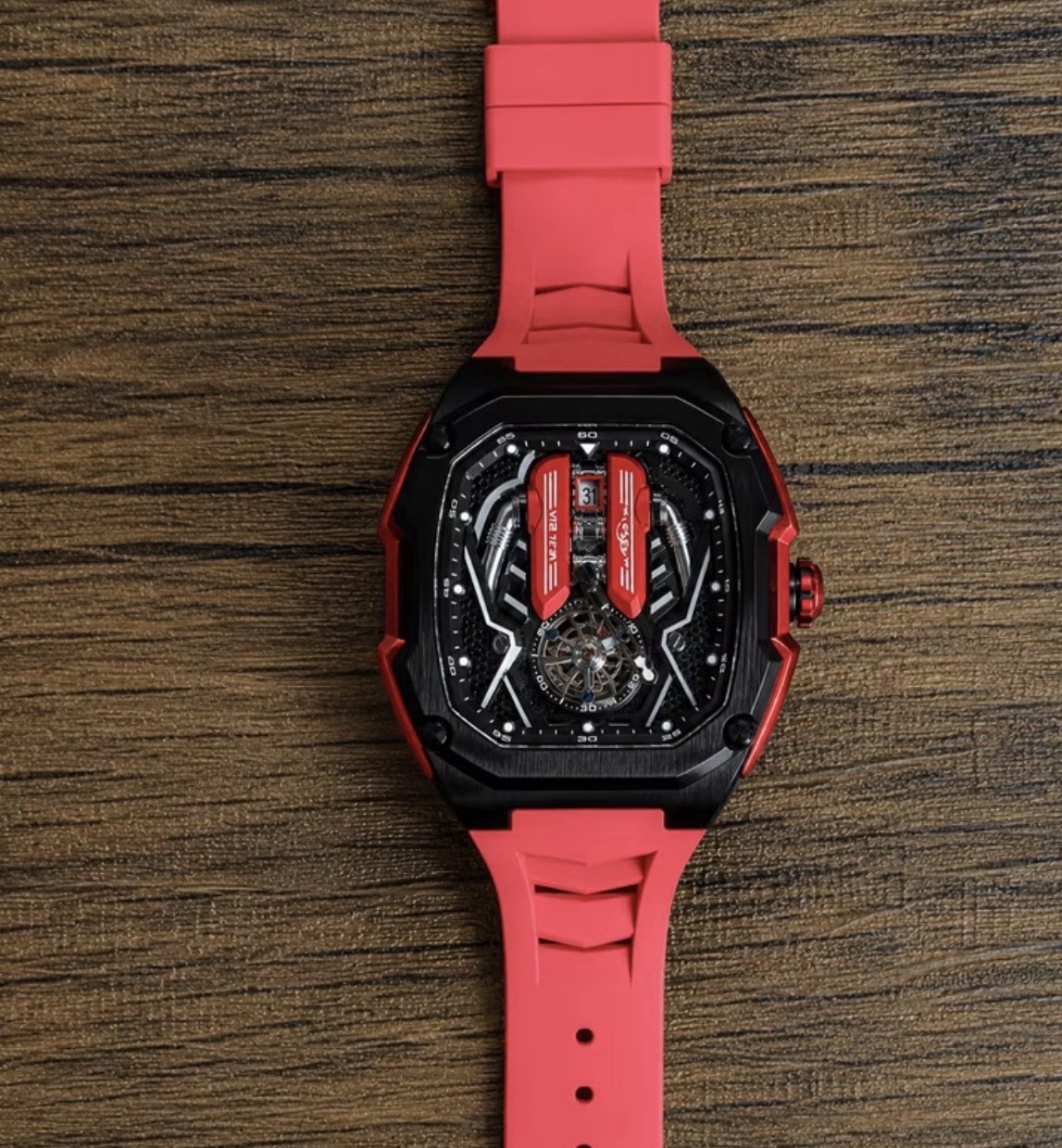 Tonneau Skeleton Dial Analog Sport Watch Date 48.3mm Black Case Silicone Strap