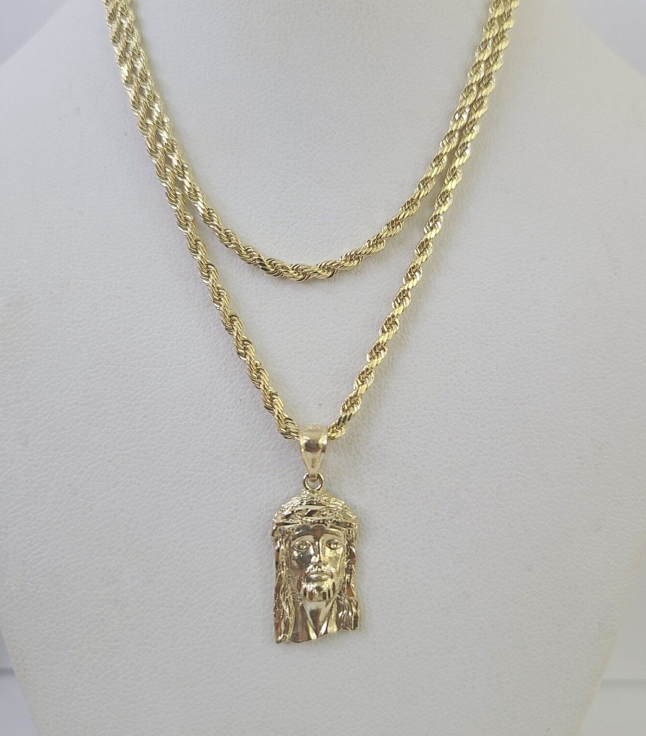 10k 2.5mm Rope Chain Jesus Head Pendant 18″-30″ Yellow Gold Set Charm Necklace