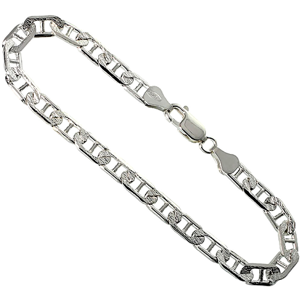 925 Sterling Silver Flat Mariner Link Chain Diamond Cut Necklace 5.8mm 7″ to 30″