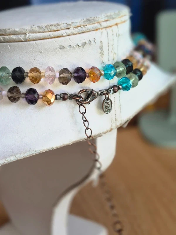 Multi coloured glass cut beads, on long string necklace,