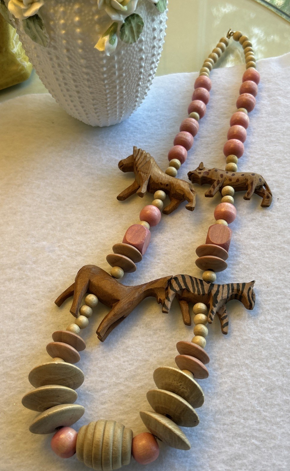 Vintage Hand Carved African Safari Animal Wood Necklace Statement