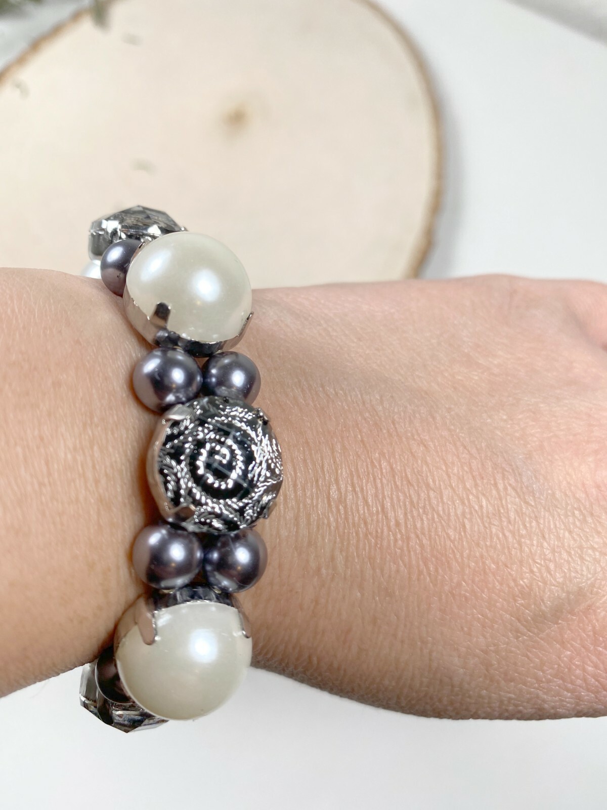 Flower Bracelet Chain Bracelet Woman Rose Purple Silver Stretch Beaded 6 pcs
