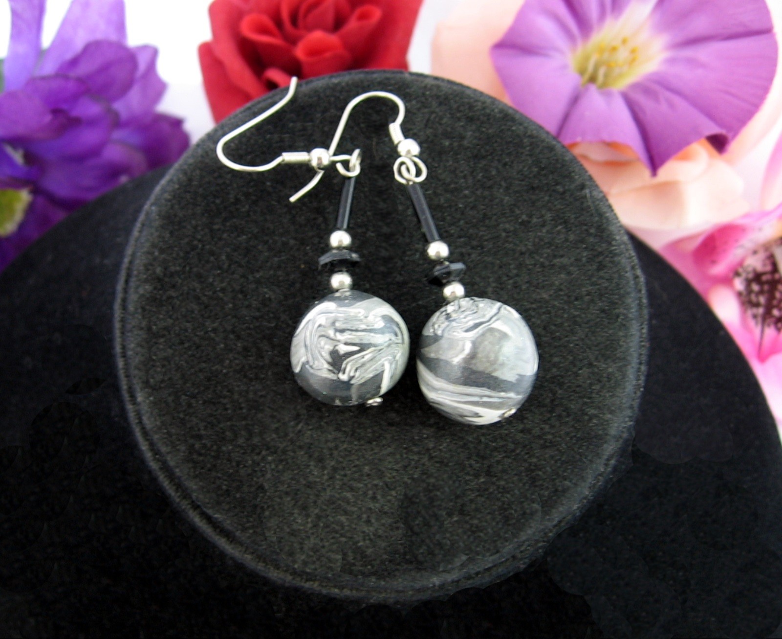EARRINGS Vintage Pierced GRAY White BLACK MARBLED Beads Handmade Dangle Wires