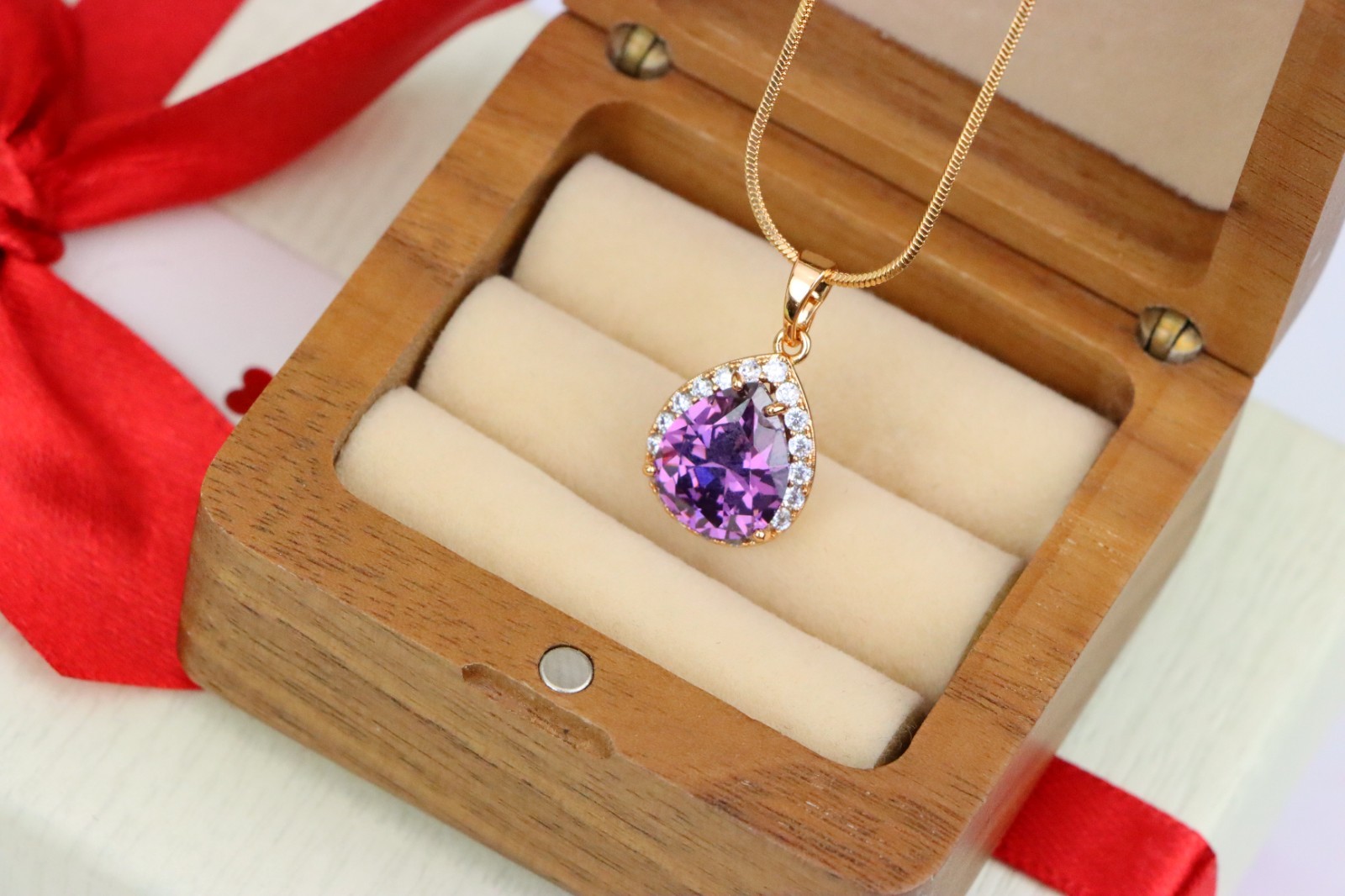 with Crystal Halo in Elegant Rose Gold Finish, XPPT1615 Teardrop Purple Pendant