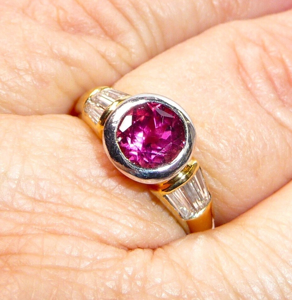 Ring 750 yellow gold 1.28ct pink tourmaline 0.60ct diamonds size 55/17.5 mm rubellite