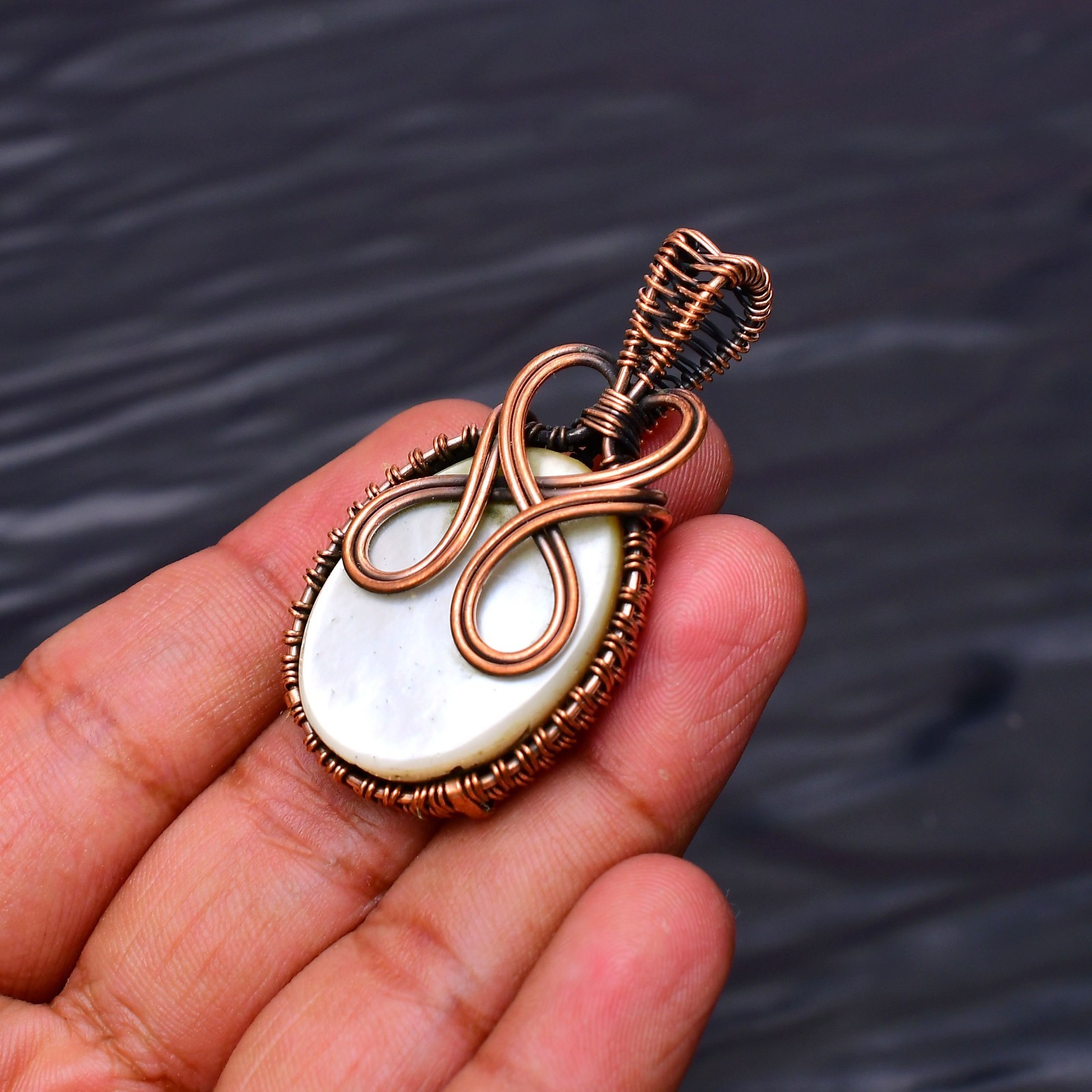 Mother of Pearl Gemstone Copper Wire Wrapped Handmade Jewelry Pendant 1.96″