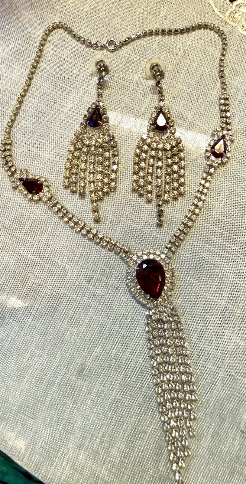Vintage Red Rhinestone Fringe Necklace Earrings Set Silver Tone Statement Glam
