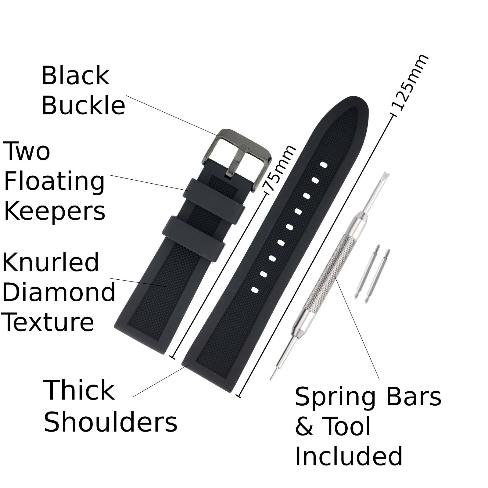 Black Soft Silicone Rubber Watch Strap Band – 18mm 20mm 22mm 24mm