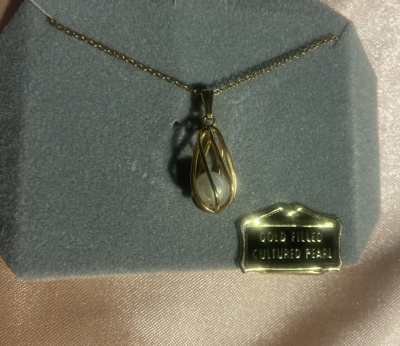 VTG 14k Gold Filled Caged Cultured Pearl 18″ Necklace NOS