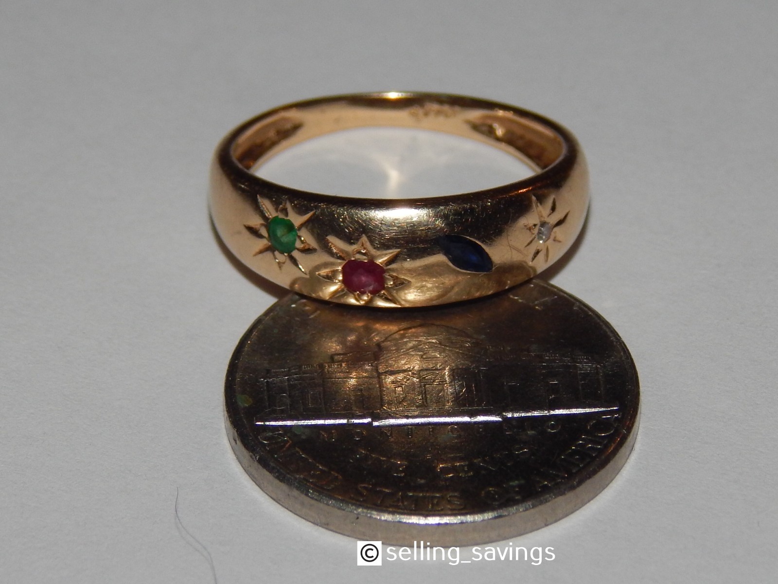 14K YELLOW GOLD RUBY EMERALD SAPPHIRE DIAMOND GYPSY SET 1/4 INCH WIDE BAND RING