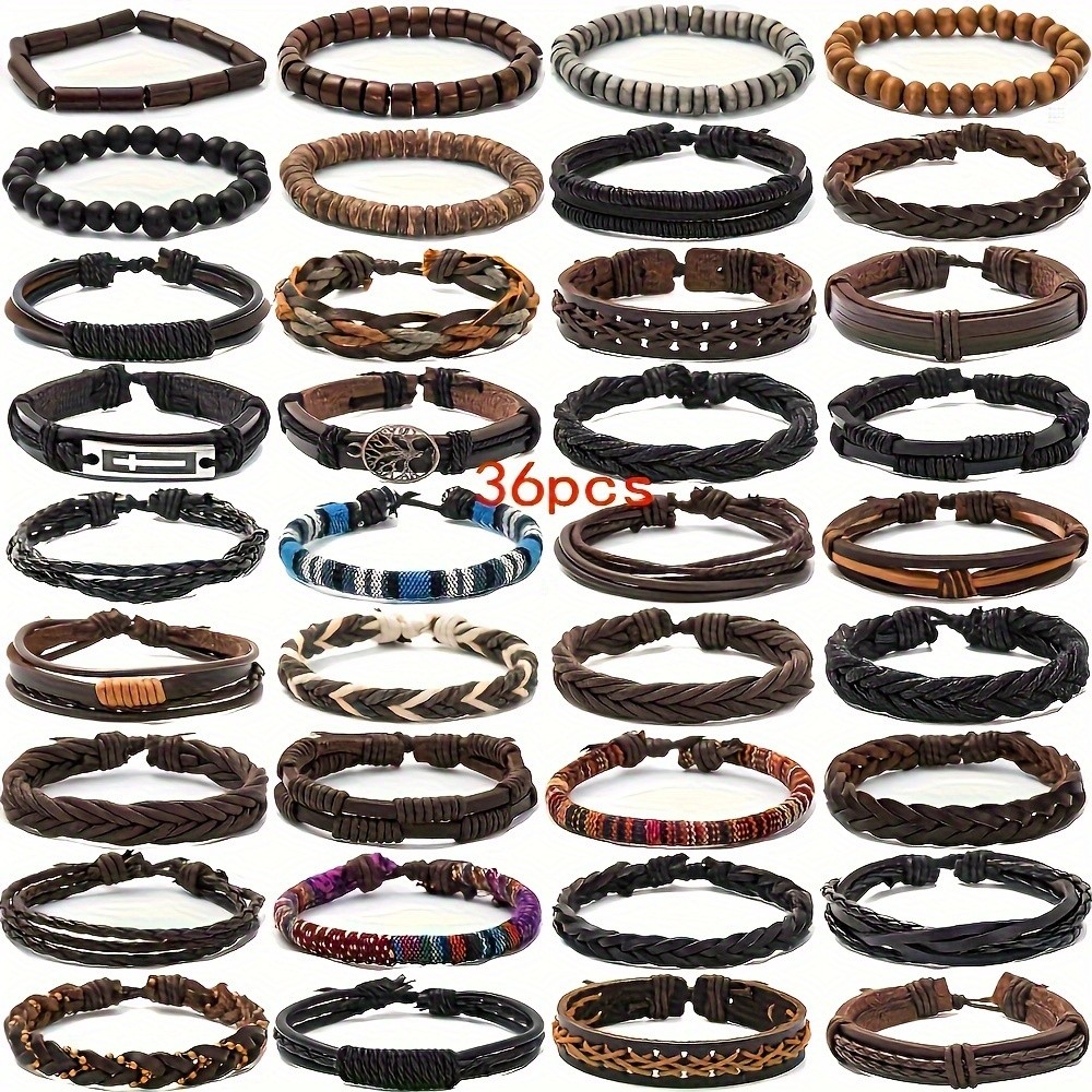 36Pcs Vintage Men Leather Braided Adjustable Bracelet Bulk Wholesale