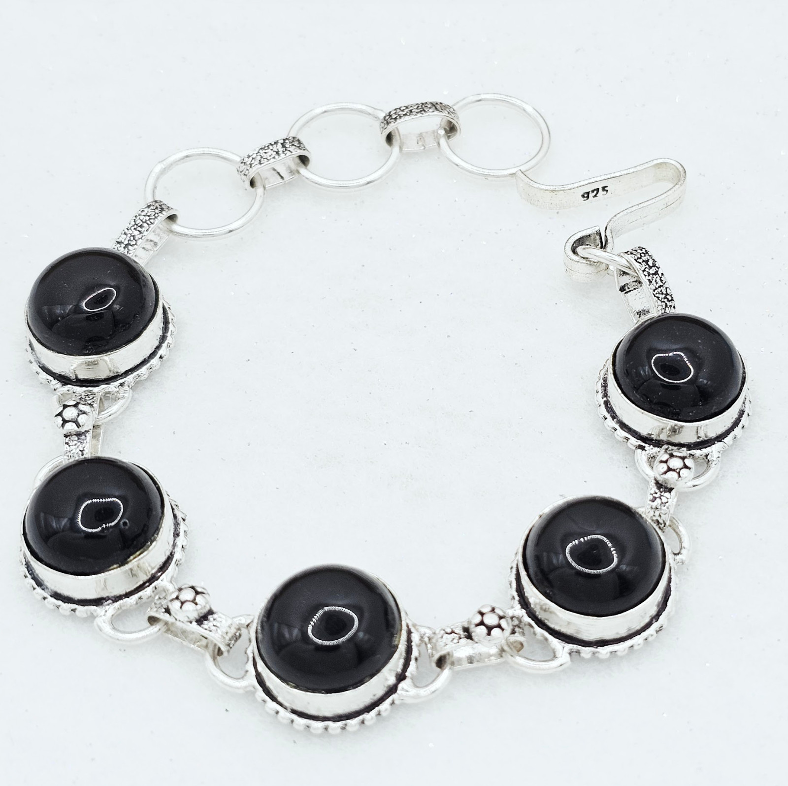 Bracelet 6.5-7-8 in Sterling Silver Black Onyx Gemstone Adjustable Chain Link