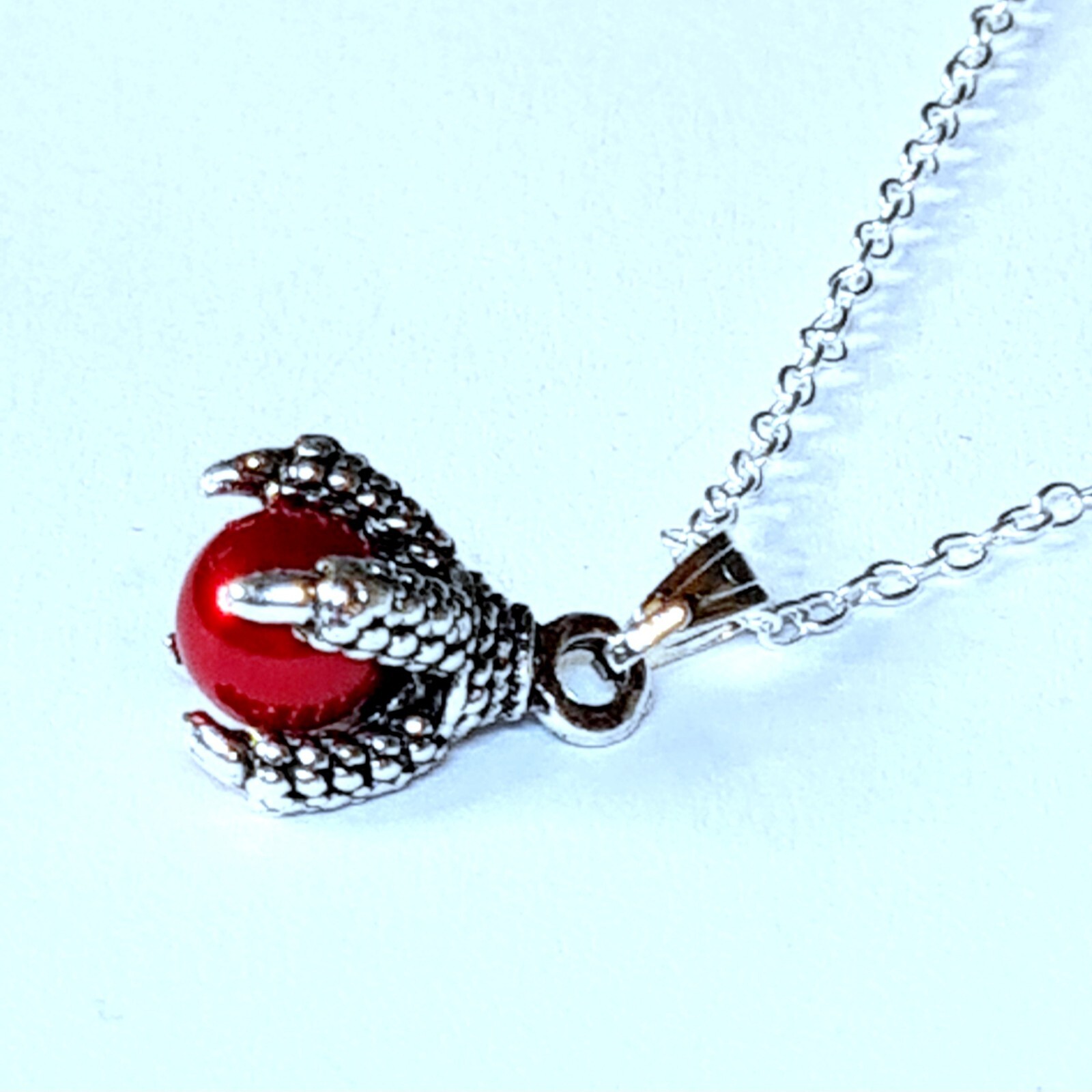 Eagle Claw With Red Glass Bead 925 Silver Necklace (#149)