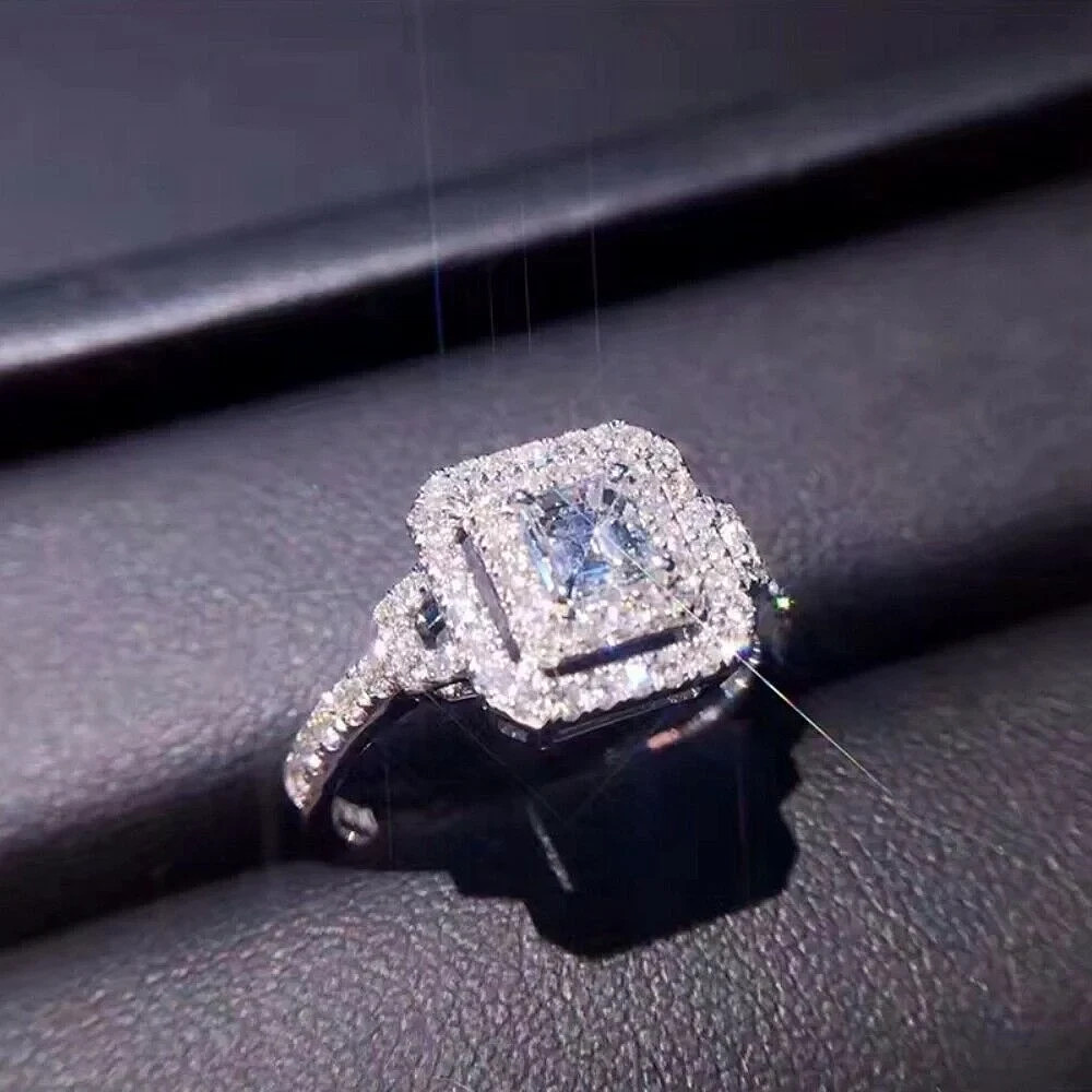 2.80 CT Asscher Cut Moissanite Double Halo Engagement Ring Solid 14K White Gold
