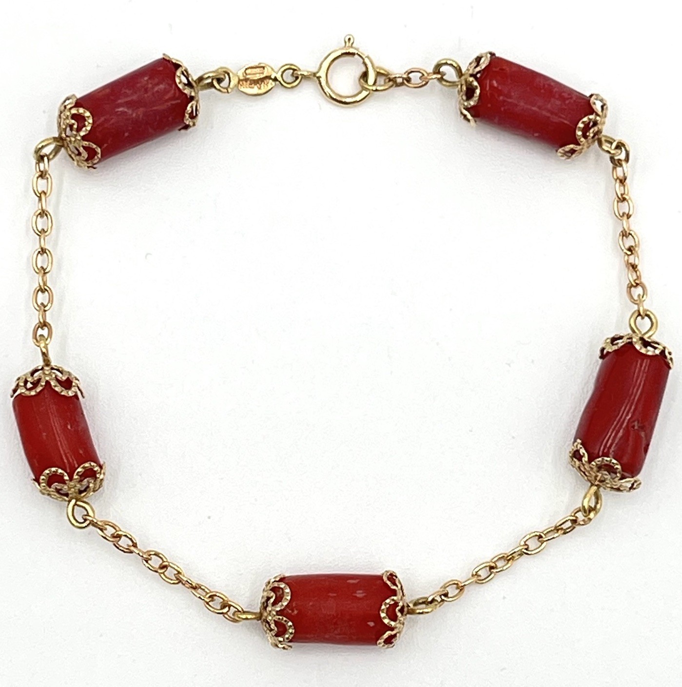 Handmade 14kt Gold Barrel Mediterranean Red Coral Bracelet