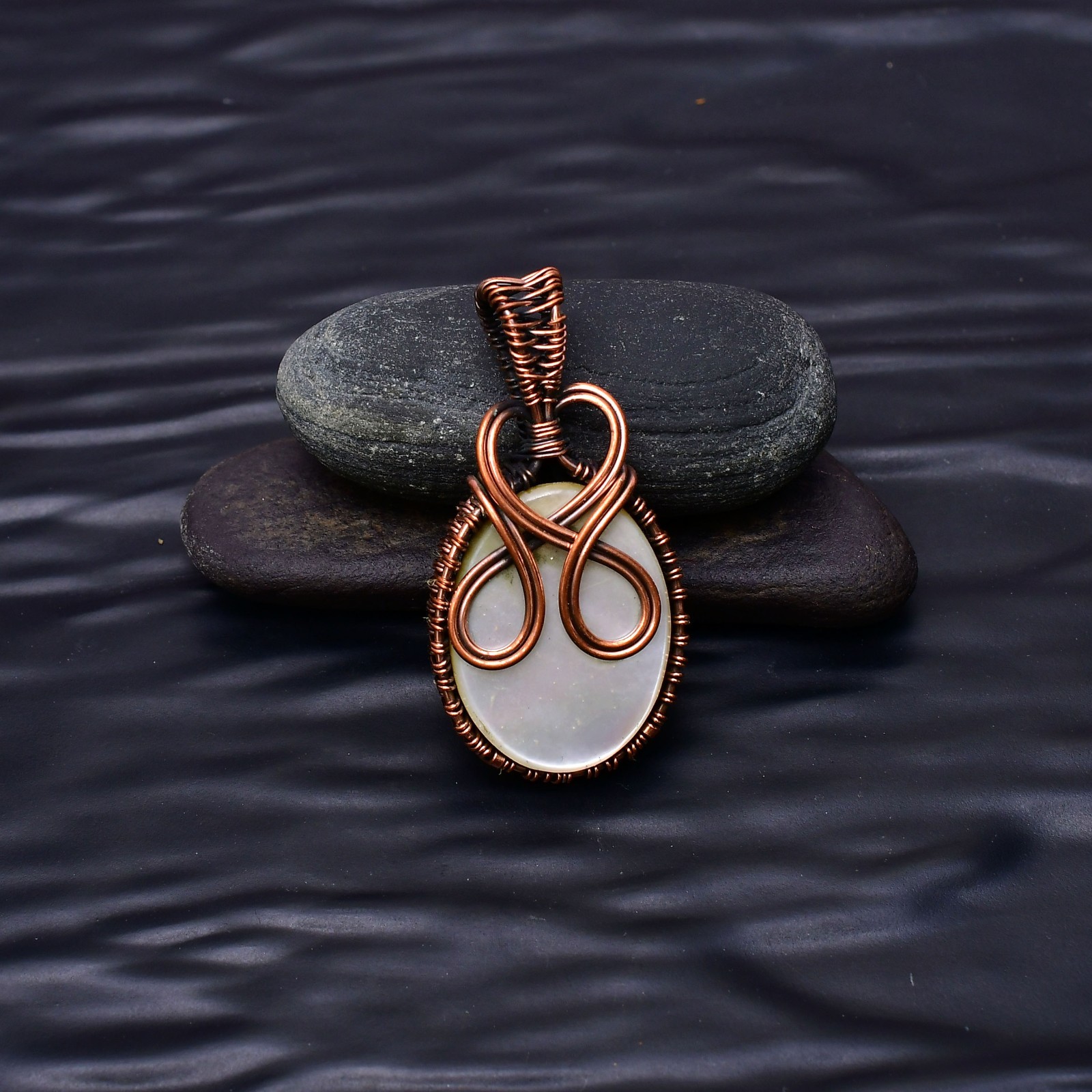 Mother of Pearl Gemstone Copper Wire Wrapped Handmade Jewelry Pendant 1.96″